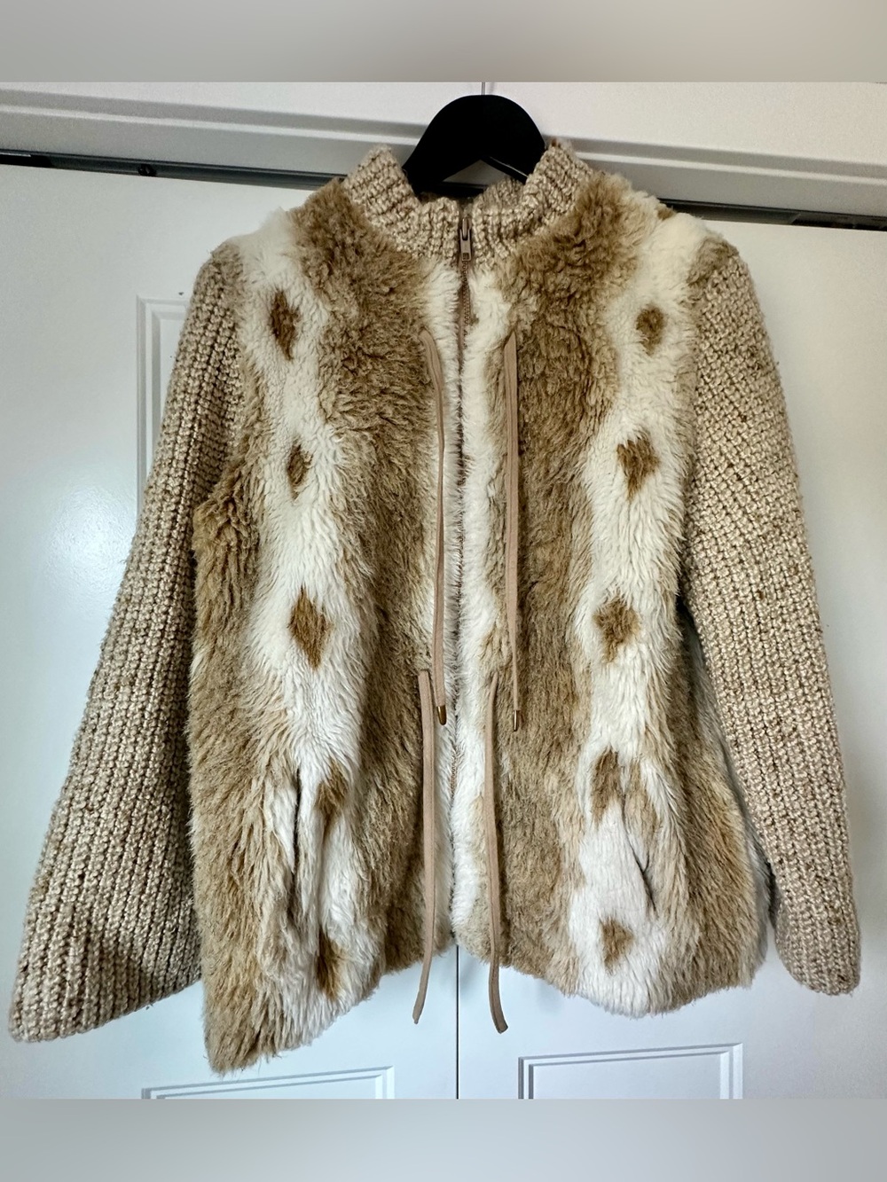 VTG 70s 80s Sterling Stall Faux Fur Knit Sleeve Jacket ILGWU Boho M/L Intarsia